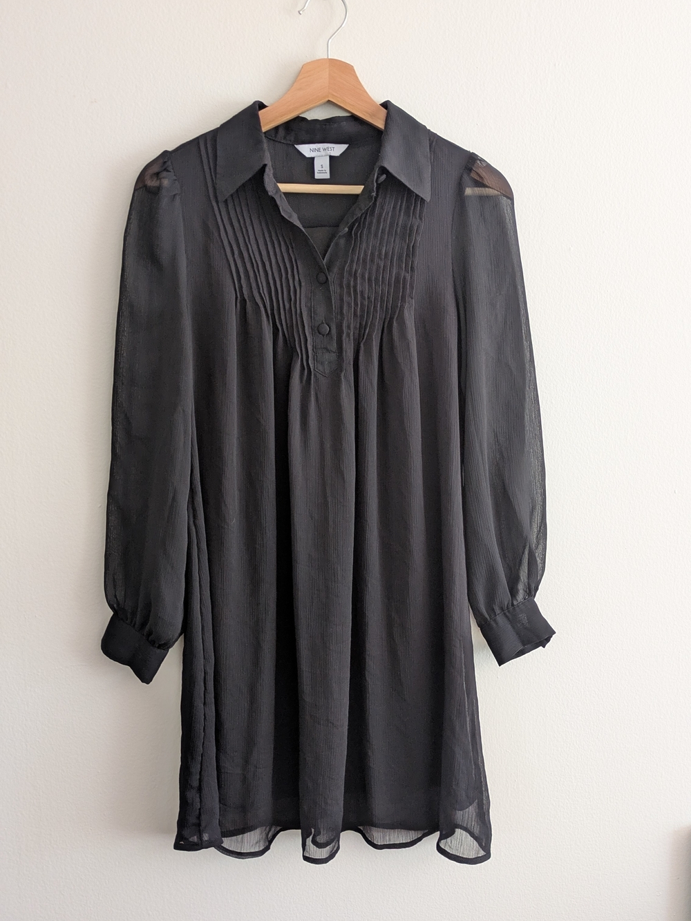 Nine West Sheer Black Pintuck Peasant Tunic